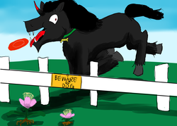 Size: 1400x1000 | Tagged: safe, artist:horsesplease, king sombra, g4, behaving like a dog, cherry blossoms, derp, fence, flower, flower blossom, frisbee, monster, nightmare fuel, paint tool sai, smiling, sombra dog, this will end in pain, tripping, walking flower, year of the dog