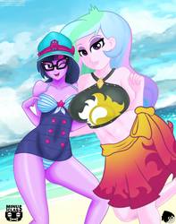 Size: 1616x2048 | Tagged: safe, artist:aboimages03, artist:minusclass, princess celestia, principal celestia, sci-twi, twilight sparkle, equestria girls, equestria girls series, g4, beach, breasts, busty princess celestia, clothes, clothes swap, collaboration, duo, female, hat, implied sunset shimmer, sarong, swimsuit, swimsuit swap