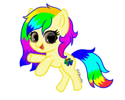 Size: 1562x1258 | Tagged: safe, artist:lucill-dreamcatcher, oc, oc only, oc:rainbowtashie, earth pony, pony, chibi, cute, female, mare, open mouth, ponysona, rainbow hair, signature, simple background, smiling, solo, transparent background