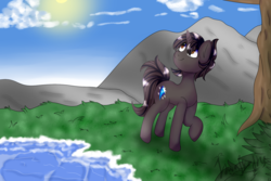 Size: 2125x1417 | Tagged: safe, artist:itwasscatters, oc, oc only, oc:shooting star, pony, unicorn, grass, scenery, solo, tree