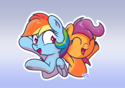 Size: 1810x1280 | Tagged: safe, artist:vaetan, rainbow dash, scootaloo, pegasus, pony, g4, abstract background, bust, cute, cutealoo, duo, eyes closed, female, looking back, open mouth, scootalove, simple background, sisters, smiling