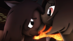 Size: 1024x576 | Tagged: safe, artist:okimichan, oc, oc only, oc:claire, oc:maude, earth pony, pony, 3d, crying, female, fireplace, kissing, mare