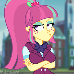 Size: 1000x1000 | Tagged: dead source, safe, artist:wubcakeva, sour sweet, equestria girls, g4, breasts, busty sour sweet, clothes, crystal prep academy uniform, female, freckles, looking at you, ponytail, pouting, school uniform, scowl, solo