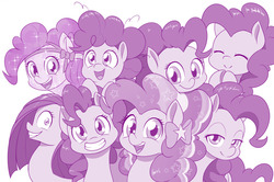 Size: 1280x848 | Tagged: safe, artist:dstears, pinkie pie, crystal pony, earth pony, pony, g4, bedroom eyes, bow, crystallized, cute, diapinkes, eyes closed, female, filly, filly pinkie pie, lidded eyes, looking at you, mare, monochrome, multeity, pinkamena diane pie, purple, rainbow power, simple background, smiling, too much pink energy is dangerous, white background, younger