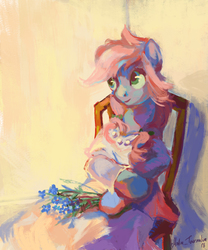 Size: 1410x1698 | Tagged: safe, artist:malinetourmaline, oc, oc only, pony, chair, clothes, dress, flower, solo