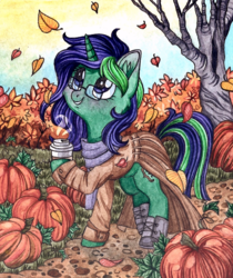 Size: 960x1143 | Tagged: safe, artist:red-watercolor, oc, oc only, oc:buggy code, pony, unicorn, autumn, clothes, coffee, dress, falling leaves, female, glasses, hoof hold, hot drink, leaves, looking at something, looking up, mare, pumpkin, scarf, smiling, solo, traditional art, tree, ych result