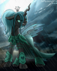 Size: 1280x1586 | Tagged: dead source, safe, artist:airfly-pony, queen chrysalis, changeling, changeling queen, rcf community, g4, alternate hairstyle, armor, fantasy class, female, looking up, solo, warrior