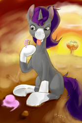 Size: 1000x1500 | Tagged: artist needed, source needed, safe, oc, oc only, pony, unicorn, fallout equestria, dropped ice cream, female, food, hooves, horn, ice cream, mare, mushroom cloud, sitting, solo, tongue out