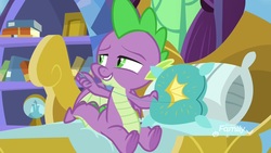 Size: 1920x1080 | Tagged: safe, screencap, spike, dragon, father knows beast, g4, bed, book, claws, male, pillow, solo, throw pillow, winged spike, wings