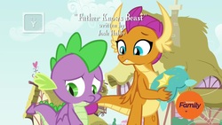 Size: 1920x1080 | Tagged: safe, screencap, smolder, spike, dragon, father knows beast, g4, discovery family logo, dragoness, duo, female, house, josh haber, male, opening credits, ponyville, throw pillow, tv rating, tv-y, winged spike, wings