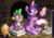 Size: 2377x1670 | Tagged: safe, artist:awalex, spike, twilight sparkle, dragon, pony, unicorn, g4, book, bookshelf, bowsette, controller, duo, female, food, gaming, glowing horn, golden oaks library, horn, levitation, looking at each other, magic, male, mare, popcorn, soda, soda bottle, super famicom, super nintendo, telekinesis, toadette, unicorn twilight, video game