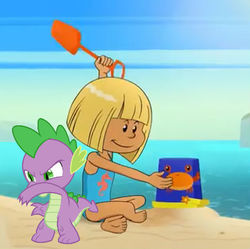 Size: 453x451 | Tagged: dead source, safe, artist:anthony60617, edit, spike, dragon, g4, barefoot, beach, child, crossover, crossover shipping, day, feet, les sisters, looking down, shipping, sitting, water