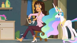 Size: 640x359 | Tagged: artist needed, safe, edit, princess celestia, alicorn, pony, g4, adult, clothes, crossover, crossover shipping, feet, les sisters, shipping, shoes, woman