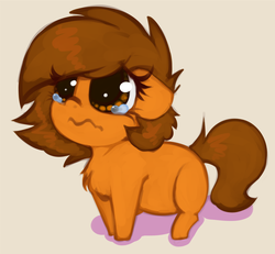 Size: 1397x1292 | Tagged: safe, artist:marsminer, oc, oc only, oc:venus spring, pony, unicorn, blank flank, brown hair, brown mane, brown tail, chibi, crying, female, female oc, hidden horn, horn, mare, mare oc, orange body, orange coat, orange eyes, orange fur, orange pony, pony oc, sad, simple background, small horn, solo, tail, tan background, unicorn oc