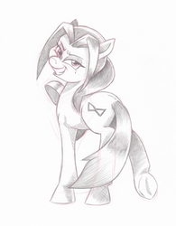Size: 971x1243 | Tagged: safe, artist:saturdaymorningproj, oc, oc only, unnamed oc, earth pony, pony, female, grayscale, looking back, looking over shoulder, mare, monochrome, pencil drawing, simple background, smiling, smirk, solo, traditional art, white background