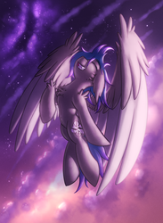 Size: 1320x1800 | Tagged: safe, artist:shad0w-galaxy, oc, oc only, oc:laconic nocturne, pegasus, pony, cloud, cute, flying, galaxy, happy, large wings, male, sky, smiling, solo, stallion, wings