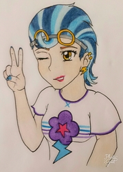 Size: 1920x2684 | Tagged: safe, artist:metalamethyst, indigo zap, equestria girls, g4, clothes, crystal prep shadowbolts, cutie mark, goggles, nail polish, nails, one eye closed, peace sign, piercing, shirt, solo, t-shirt, traditional art, upper body, wink