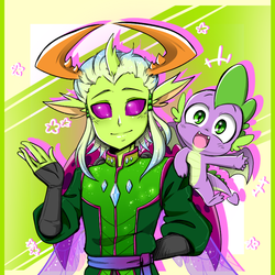 Size: 800x800 | Tagged: safe, artist:thegreatrouge, spike, thorax, changedling, changeling, dragon, human, anthro, g4, baby, baby dragon, clothes, cute, elf ears, fangs, green eyes, horn, horned humanization, humanized, king thorax, looking at you, male, smiling, song in the comments, spikabetes, stars, thorabetes, waving, winged spike, wings