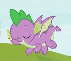 Size: 380x327 | Tagged: safe, screencap, spike, dragon, father knows beast, g4, claws, cropped, eyes closed, male, tail, winged spike, wings