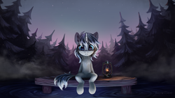Size: 5476x3080 | Tagged: safe, artist:inowiseei, oc, oc only, oc:frozen raine, pony, unicorn, absurd resolution, commission, female, forest, lantern, mare, pier, scenery, sitting, solo, water