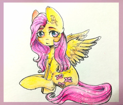 Size: 3471x2976 | Tagged: safe, artist:zefirka, fluttershy, pegasus, pony, g4, chest fluff, ear fluff, female, high res, looking at you, mare, sitting, solo, spread wings, traditional art, turned head, wings
