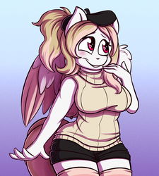 Size: 900x1000 | Tagged: safe, artist:kinky_spy, oc, oc only, oc:lumiere du ciel, pegasus, anthro, anthro oc, blushing, clothes, female, shorts, smiling, socks, solo, thigh highs, ych result