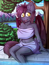 Size: 1200x1600 | Tagged: safe, artist:kinky_spy, oc, oc only, oc:ventress, bat pony, anthro, anthro oc, bat pony oc, breasts, cleavage, clothes, cloud, colored pupils, female, looking away, mare, midriff, mountain, open mouth, sitting, sky, solo, swimming pool, towel, tree, water, ych result