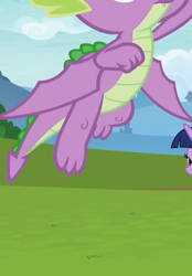 Size: 438x630 | Tagged: safe, screencap, spike, twilight sparkle, alicorn, dragon, pony, father knows beast, g4, claws, cropped, flying, legs, male, offscreen character, pictures of legs, toes, twilight sparkle (alicorn), winged spike, wings