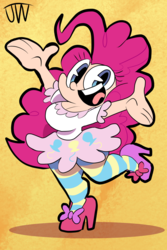 Size: 840x1260 | Tagged: safe, artist:joeywaggoner, pinkie pie, human, g4, breasts, busty pinkie pie, cleavage, clothes, cute, female, high heels, humanized, looking at you, miniskirt, open mouth, pantyhose, shoes, skirt, solo, striped pantyhose