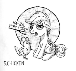 Size: 1200x1121 | Tagged: safe, artist:sa1ntmax, scootaloo, bird, chicken, pegasus, pony, g4, female, filly, hen, inktober, inktober 2018, lineart, scootachicken, scootaloo is not a chicken, scootaloo is not amused, simple background, solo, traditional art, unamused