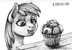 Size: 1200x832 | Tagged: safe, artist:sa1ntmax, derpy hooves, pegasus, pony, g4, bust, drool, eyes on the prize, female, food, inktober, inktober 2018, monochrome, muffin, open mouth, portrait, solo, that pony sure does love muffins