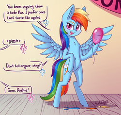 Size: 2904x2756 | Tagged: safe, artist:dsp2003, pinkie pie, rainbow dash, pegasus, pony, g4, spoiler:comic, spoiler:comic69, 30 minute art challenge, balloon, balloon popping, bipedal, blushing, comic, cute, female, high res, mare, offscreen character, party balloon, popping, single panel