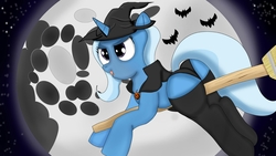 Size: 3862x2172 | Tagged: safe, artist:hamsandwich, trixie, pony, unicorn, g4, broom, butt, clothes, flying, flying broomstick, full moon, hat, high res, moon, night, plot, pumpkin, socks, underwear, witch, witch hat