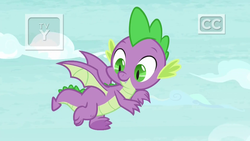 Size: 1920x1080 | Tagged: safe, screencap, spike, dragon, father knows beast, g4, claws, closed captioning, flying, male, smiling, tail, tv rating, tv-y, winged spike, wings