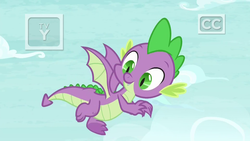 Size: 1920x1080 | Tagged: safe, screencap, spike, dragon, father knows beast, g4, claws, flying, male, smiling, tail, tv rating, tv-y, winged spike, wings