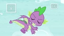Size: 1920x1080 | Tagged: safe, screencap, spike, dragon, father knows beast, g4, claws, eyes closed, flying, male, smiling, tail, tv rating, tv-y, winged spike, wings