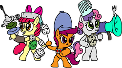 Size: 1917x1073 | Tagged: safe, artist:blackrhinoranger, apple bloom, scootaloo, sweetie belle, g4, bipedal, clothes, costume, cutie eds crusaders, cutie mark crusaders, dawn of the eds, ed edd n eddy, female, filly, hoof hold, spacesuit, weapon