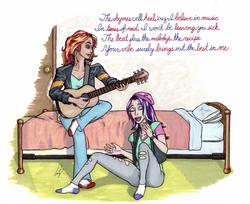 Size: 1280x1046 | Tagged: safe, artist:manly man, starlight glimmer, sunset shimmer, equestria girls, g4, beanie, bed, bedroom, clothes, female, guitar, hat, human coloration, ink, jacket, leather jacket, lesbian, lyrics, markers, rapping, ship:shimmerglimmer, shipping, socks, text, traditional art, vest