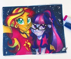 Size: 640x532 | Tagged: safe, artist:antych, sci-twi, sunset shimmer, twilight sparkle, equestria girls, equestria girls specials, g4, my little pony equestria girls: better together, my little pony equestria girls: spring breakdown, alternate clothes, cute, cutie mark accessory, cutie mark on clothes, female, markers, night, selfie, traditional art, twiabetes