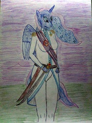 Size: 3120x4160 | Tagged: safe, artist:mildgyth, part of a set, princess luna, anthro, ziragshabdarverse, g4, clothes, coat, derafsh kaviani, epaulettes, faravahar, female, night, pants, sash, scabbard, solo, sword, traditional art, two toned wings, weapon