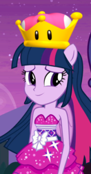 Size: 570x1078 | Tagged: safe, edit, edited screencap, screencap, twilight sparkle, equestria girls, g4, my little pony equestria girls, bare shoulders, clothes, cropped, crown, dress, female, implied transformation, jewelry, ponied up, regalia, sleeveless, solo, strapless, super crown, super mario bros., toadette, twilight sparkle (alicorn)