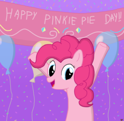 Size: 3500x3400 | Tagged: safe, artist:devfield, pinkie pie, earth pony, pony, g4, balloon, banner, blue eyes, confetti, female, high res, party, pinkie pie day, simple background, smiling, solo