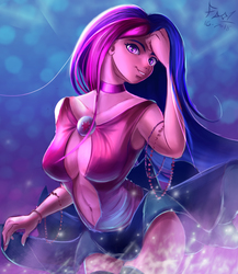 Size: 1301x1500 | Tagged: safe, artist:foughtdragon01, twilight sparkle, human, g4, absolute cleavage, armpits, beads, belly button, breasts, choker, cleavage, clothes, female, humanized, looking at you, smiling, socks, solo, thigh highs