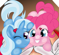 Size: 6422x6000 | Tagged: safe, artist:stormythetrooper, pinkie pie, trixie, earth pony, human, pony, unicorn, g4, absurd resolution, grin, happy, heart, offscreen character, one eye closed, pov, smiling, wink