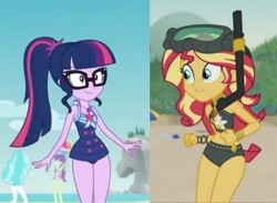 Size: 2048x1498 | Tagged: safe, sci-twi, sunset shimmer, twilight sparkle, equestria girls, equestria girls specials, g4, my little pony equestria girls: better together, my little pony equestria girls: forgotten friendship, unsolved selfie mysteries, beach, beach shorts swimsuit, clothes, female, hips, midriff, one-piece swimsuit, sci-twi swimsuit, sunset shimmer's beach shorts swimsuit, swimsuit