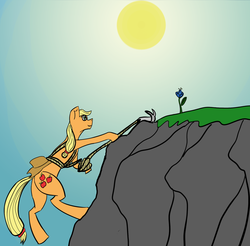 Size: 1932x1898 | Tagged: safe, artist:quarmaid, applejack, g4, applejack's hat, cowboy hat, flower, hat, hook, magic flower, mountain, mountain climbing, rope