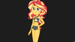 Size: 1366x768 | Tagged: safe, sunset shimmer, equestria girls, g4, my little pony equestria girls: better together, belly button, bikini, black background, bracelet, clothes, female, geode of empathy, hand on hip, hips, jewelry, looking at you, midriff, necklace, simple background, solo, sunset shimmer's beach shorts swimsuit, swimsuit, wristband