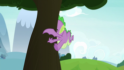 Size: 1280x720 | Tagged: safe, screencap, spike, dragon, father knows beast, g4, crash, male, solo, tree, winged spike, wings