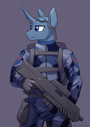 Size: 2480x3508 | Tagged: safe, artist:underpable, oc, oc only, oc:flint, unicorn, anthro, anthro oc, clothes, commission, curved horn, frown, gloves, goggles, gun, high res, horn, male, simple background, solo, stallion, weapon