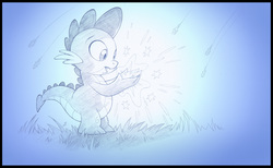 Size: 2004x1234 | Tagged: safe, artist:sherwoodwhisper, spike, dragon, g4, blue, gradient background, grass, male, monochrome, pencil drawing, shooting star, solo, stars, traditional art
